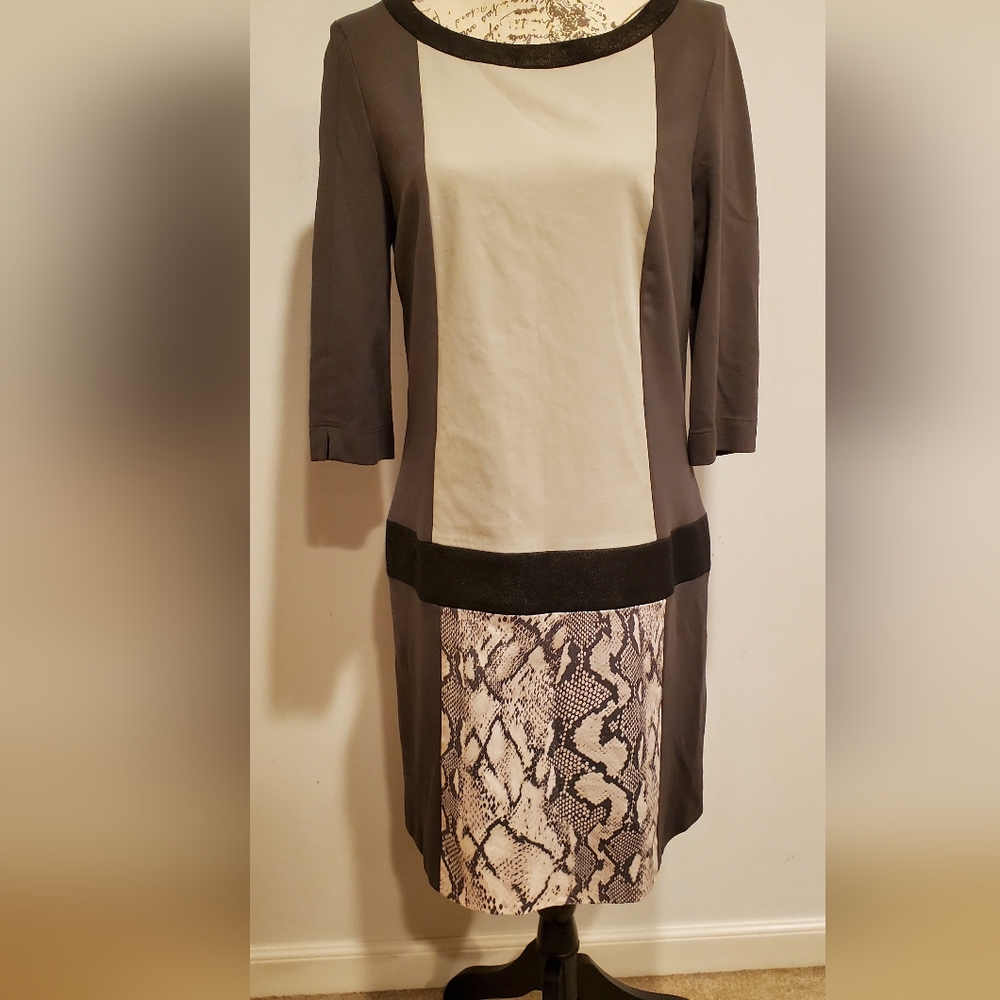 LAUREL Elegant Gray and Cream Dress, SIZE 8